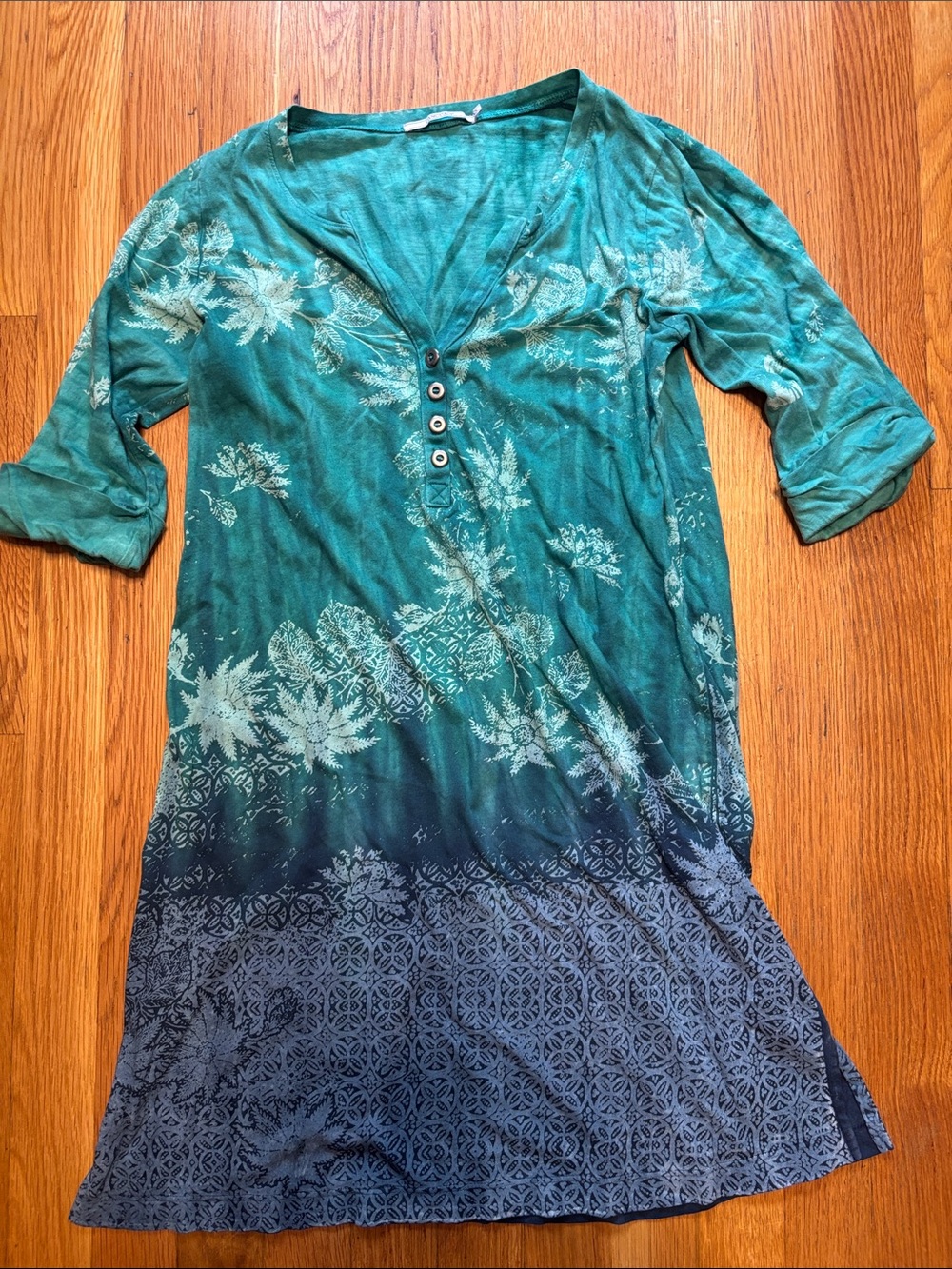 Language Teal & Navy Floral Ombre Henley Tunic Top Mini Dress